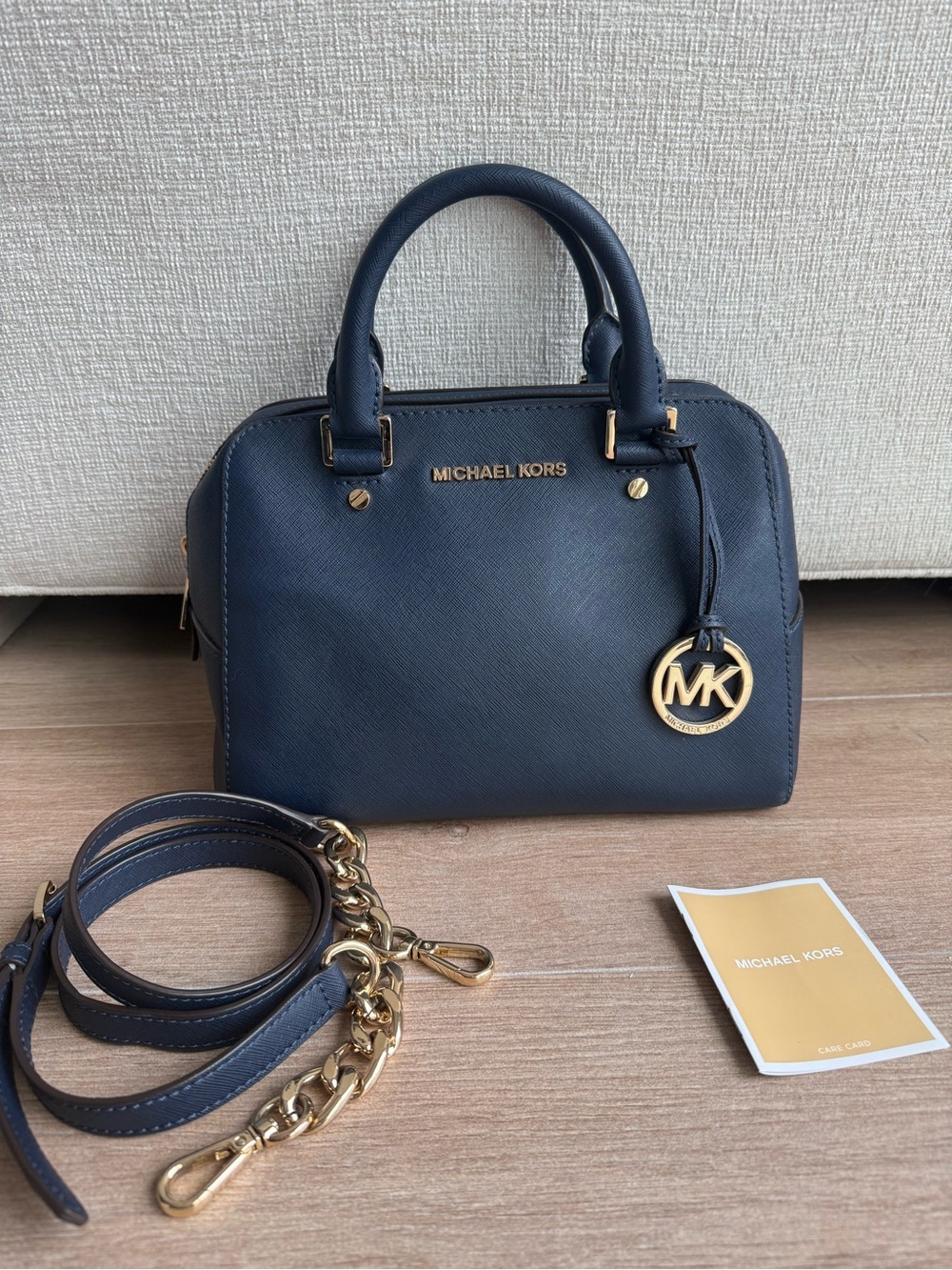 Michael Kors Navy Saffiano Leather Satchel with Gold Hardware
